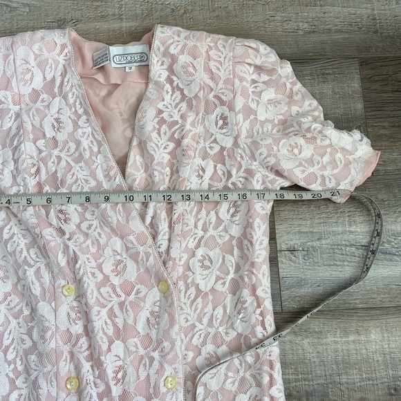 Vintage Pink Lace Overlay Drop Waist Button Down Vneck Dress Shoulder Pads - Picture 9 of 10